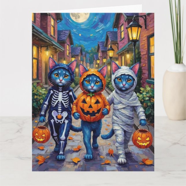 Carte Halloween Orientale Bleue Chats Trick-or-Treating (Devant)