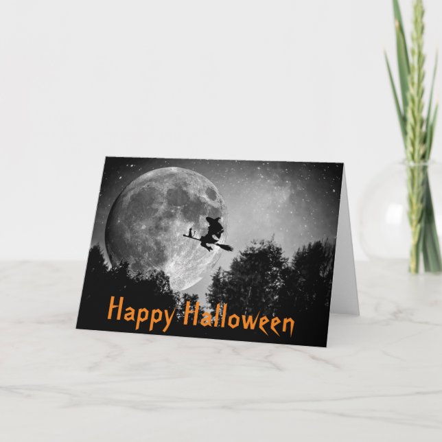 Carte Halloween personnalisable Sorcière et Lune (Devant)