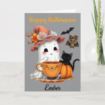 Carte Halloween personnalisée avec fantôme, chat,