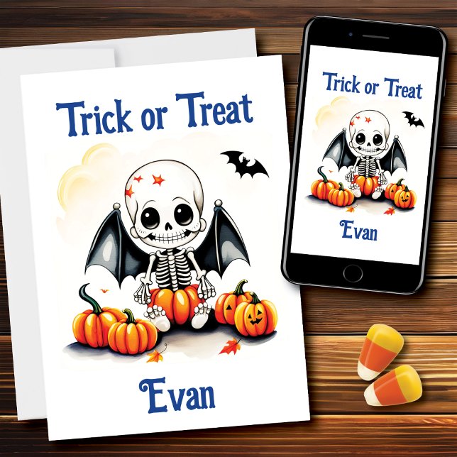 Carte Halloween Petit Squelette Bats Tricot ou Treat (Créateur téléchargé)