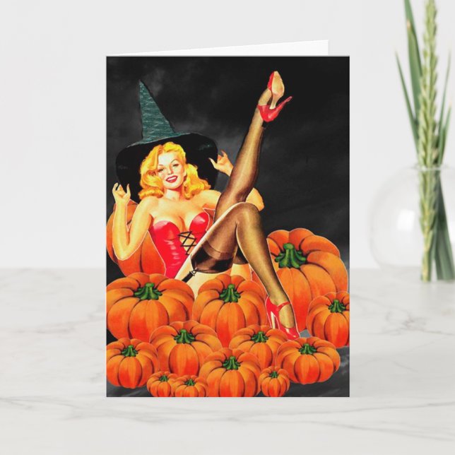 Carte Halloween Pin-up Girl sur Citrouille (Devant)