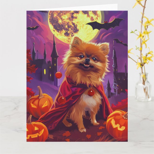 Carte Halloween Poméranie Vampire Citrouilles effroi (Fleur jaune)