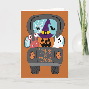 Carte Halloween Retro Truck Truck ou Treat Monsters