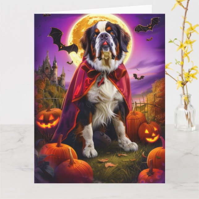 Carte Halloween Saint Bernard Vampire Citrouilles effroi (Fleur jaune)