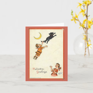 Carte Halloween Salutations Boy Black Chat Tail Vintage