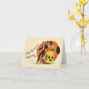 Carte Halloween Salutations Danser Couple Citrouille Vin