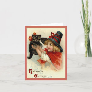 Carte Halloween Salutations Girl avec Chat Noir Vintage