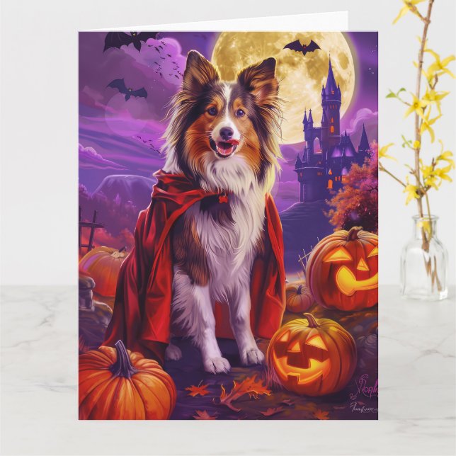 Carte Halloween Shetland Sheepdog Vampire Citrouilles ef (Fleur jaune)