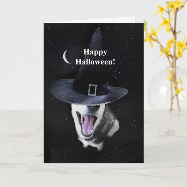 Carte Halloween Sibérie Husky Witchy Amusant (Fleur jaune)