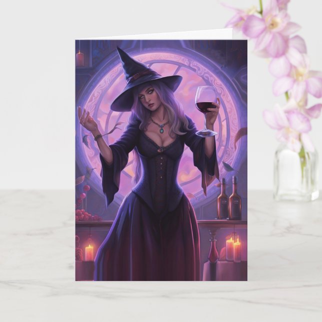 Carte Halloween sorcière et vin drôle belle sorcière (Orchidée)