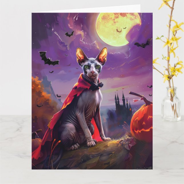 Carte Halloween Sphynx Cat Vampire Citrouilles effroi (Fleur jaune)