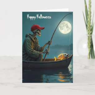 Carte Halloween Squelette pêche dans un bateau en bois