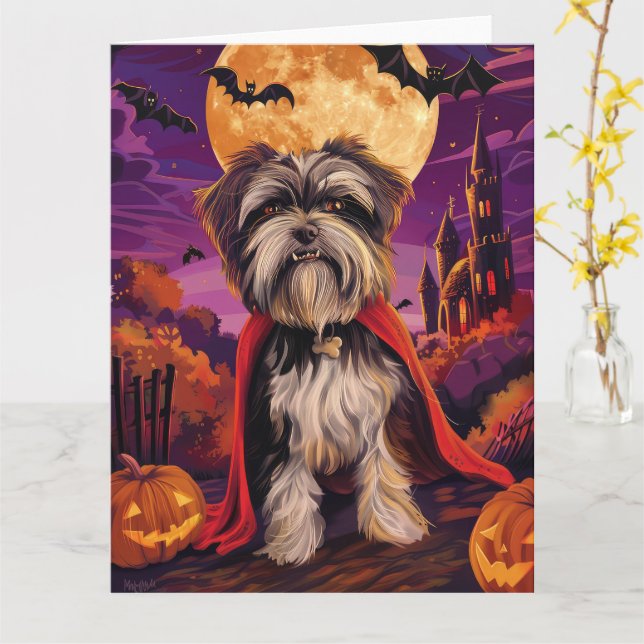 Carte Halloween Tibétain Terrier Vampire Citrouilles peu (Fleur jaune)