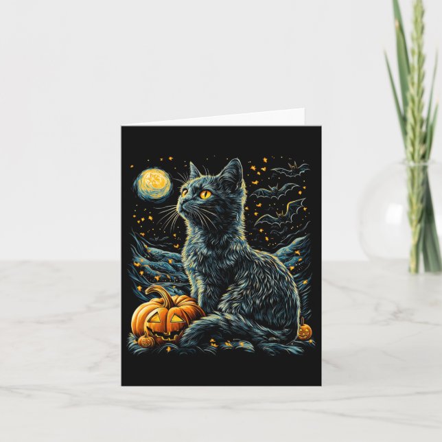 Carte Halloween Van Gogh Starry Night Chat noir Citrouil (Devant)