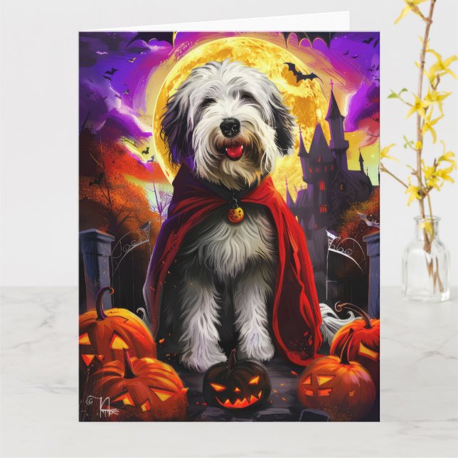 Carte Halloween vieux anglais Sheepdog Vampire Citrouill (Fleur jaune)