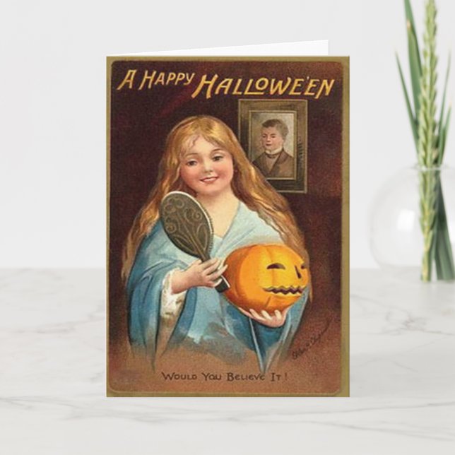 Carte Halloween Vintage dame avec miroir (Devant)