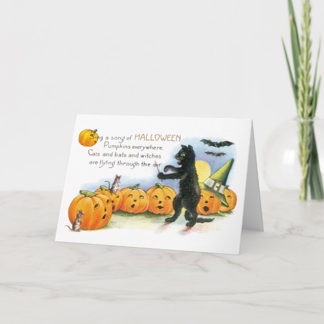 Carte Halloween vintage Salutation Chat noir JackoLanter (Devant)