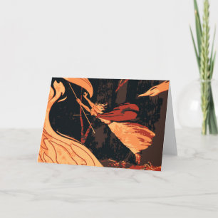 Carte Halloween vintage, sorcière maléfique avec feu en 