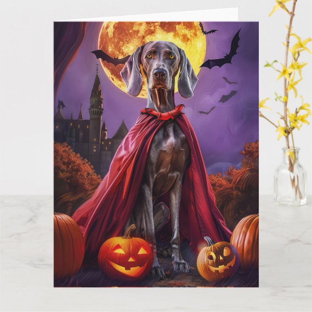 Carte Halloween Weimaraner Vampire Citrouilles effroi (Fleur jaune)