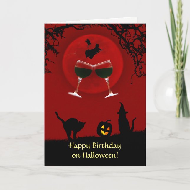 Carte Halloween Wine Witch Chats et Citrouille (Devant)