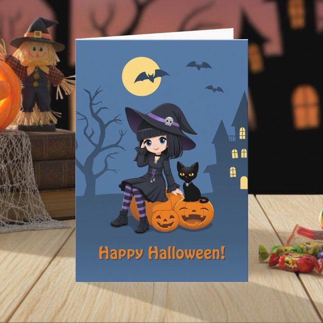 Carte Halloween Witch, Black Cat, and Curved Pumpkins (Créateur téléchargé)