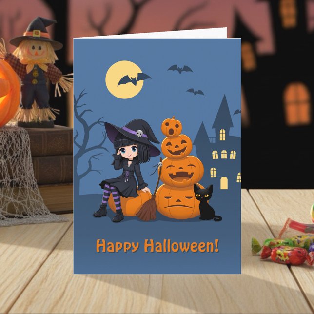 Carte Halloween Witch, Chat noir et Citrouille (Créateur téléchargé)