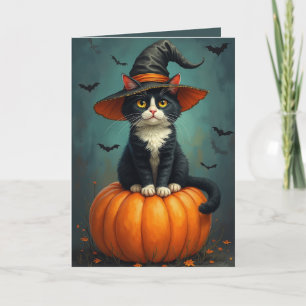 Carte Halloween Witch Tuxedo Chat Sur Un Citrouille