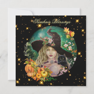 Carte Halloween witch with black kitten greeting card 