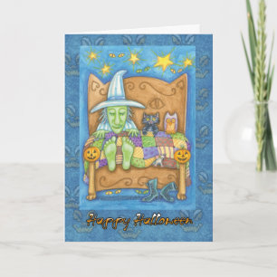 Carte Halloween Wtich au lit avec chat et hibou