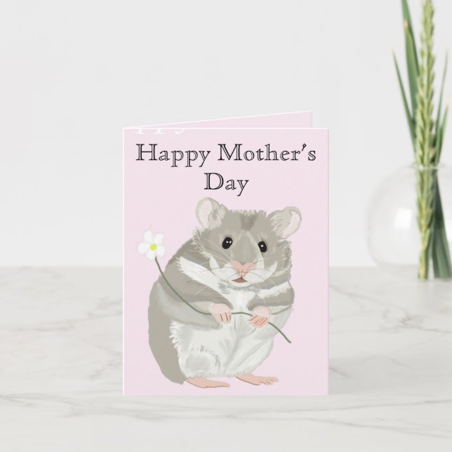 Carte Hamster gris et blanc mignon tenant une fleur (Devant)