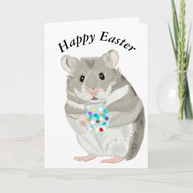 Carte Hamster gris mignon tenant un oeuf de Pâques modif (Devant)