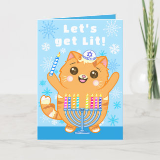 Carte Hanoukka Cute Cat Menorah "Let’s Get Lit"