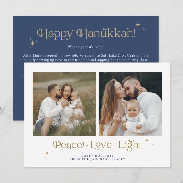 Carte Hanoukka Gold Navy Menorah Peace Love (Devant / Derrière)