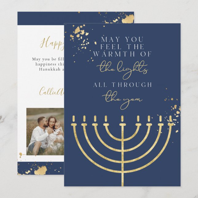 Carte Hanoukka Marine Blue Gold Foil Menorah (Devant / Derrière)