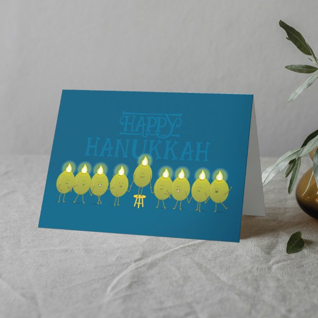 Carte Hanoukka Menorah Olives, Turquoise Blue Folk Group (Créateur téléchargé)
