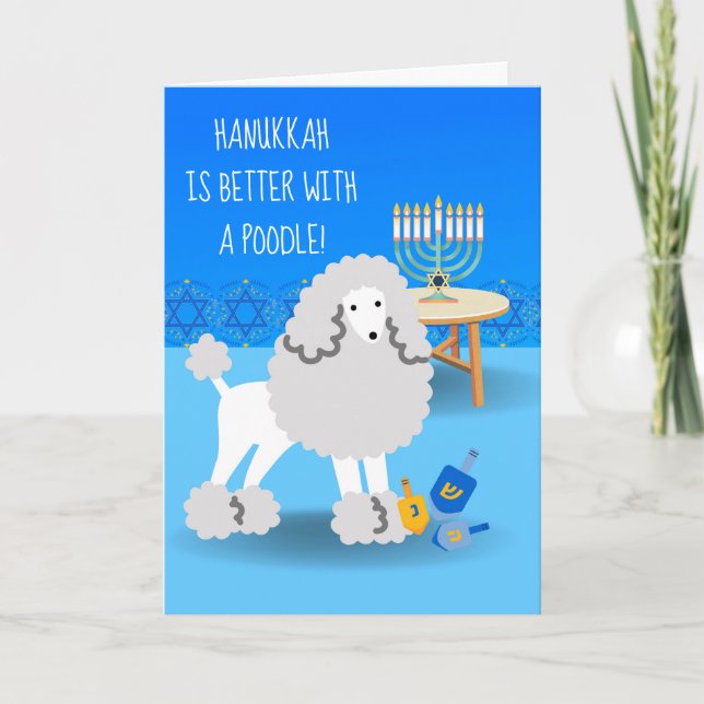 Carte Hanoukka mignonne avec caniche et Menorah (Devant)
