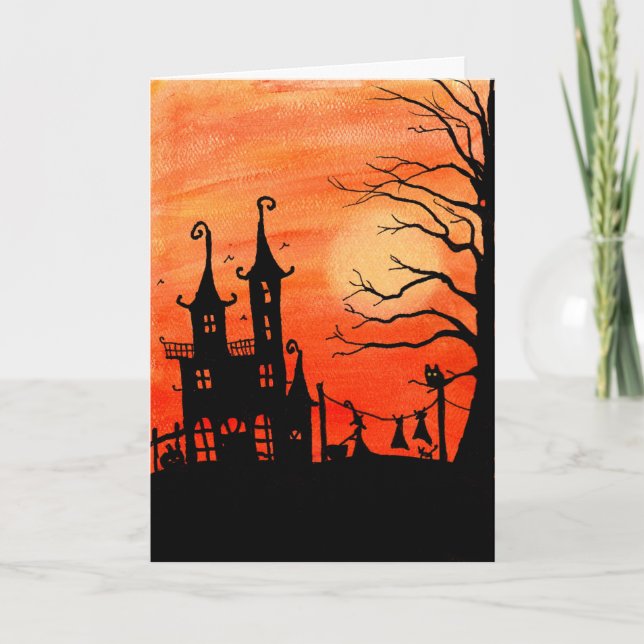 Carte hantée de Halloween de corvées de sorcière (Devant)