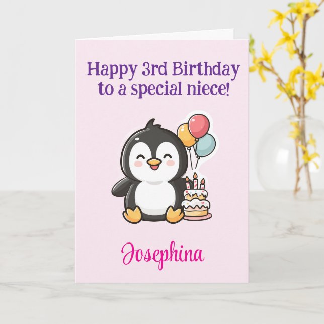 Carte Happy 3rd Birthday Niece, Penguin, Personalized (Fleur jaune)