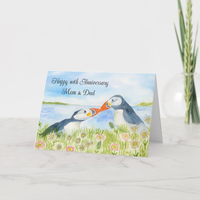 Carte Happy 40th Anniversary Mom & Dad Puffins  (Devant)