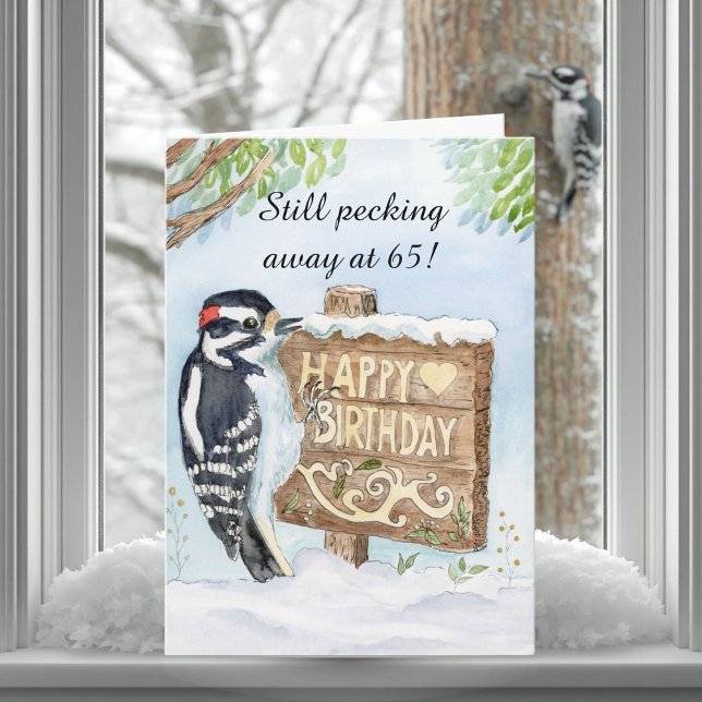 Carte Happy 65th Birthday Downy Woodpecker (Créateur téléchargé)