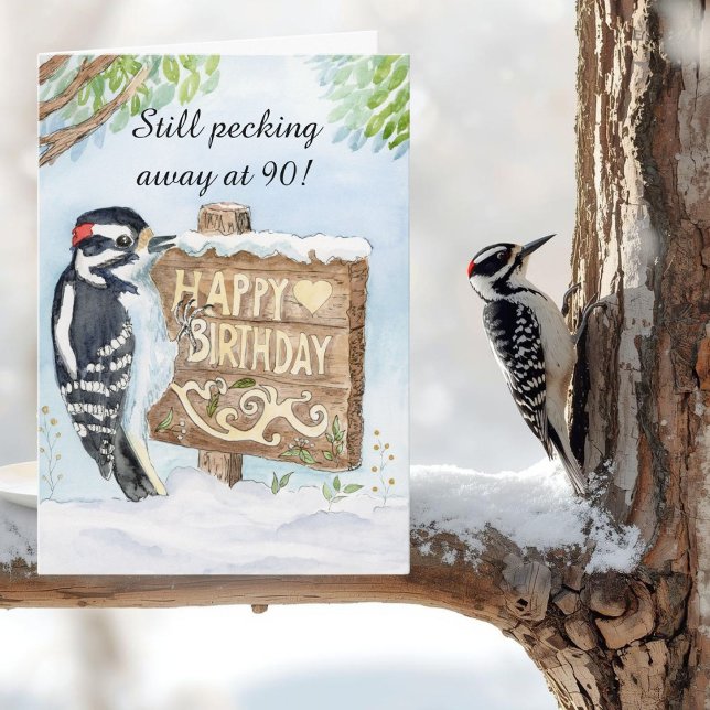 Carte Happy 90th Birthday Downy Woodpecker (Créateur téléchargé)