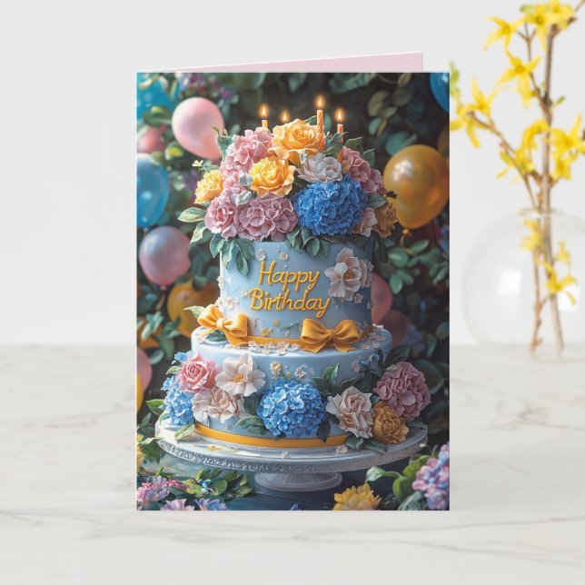 Carte Happy Birthday Cake Candles Pretty Flowers Bows (Fleur jaune)