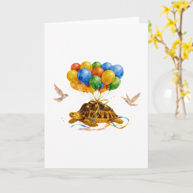 Carte Happy Birthday flying Sulcata turtle with balloons (Fleur jaune)