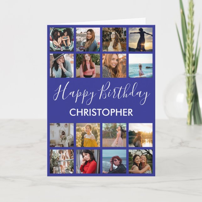 Carte Happy Birthday Photo Collage 16 Photos Navy Blue (Devant)
