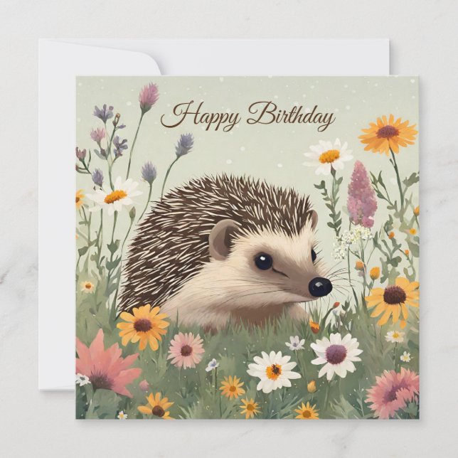 Carte Happy Birthday Watercolor Hérisson et fleurs (Devant)