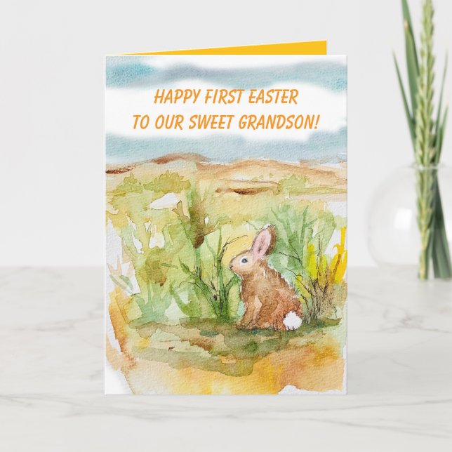 Carte Happy First Easter Grandson Rabbit Wildflowers (Devant)