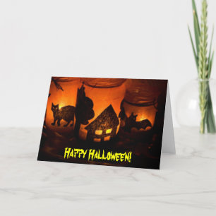 Carte Happy Halloween Chat noir, Maison hantée de chauve