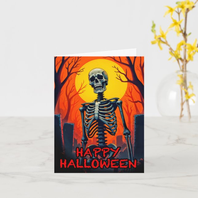 Carte Happy Halloween Cimetière Déplaisant Squelette (Fleur jaune)