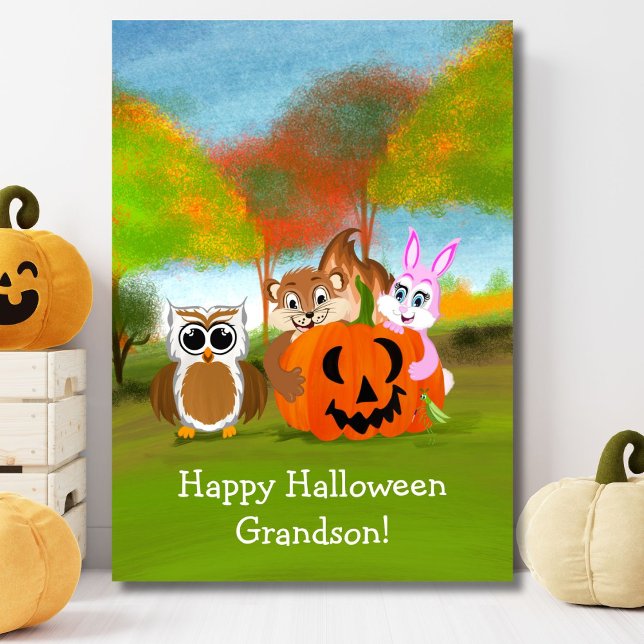 Carte Happy Halloween Grandson Chipmunk, Rabbit & Owl (Créateur téléchargé)