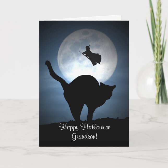 Carte Happy Halloween Grandson Witch and Cat Card (Devant)